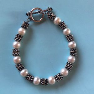 Genuine culture pearl beads, sterling silver, 14k gold with garnet jewel closure